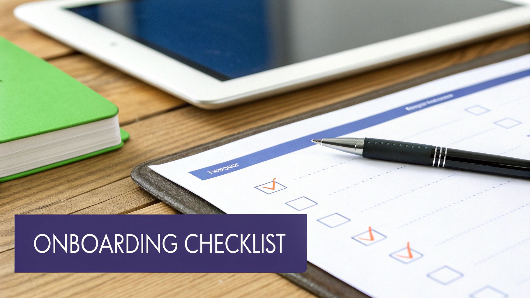 Onboarding checklist document with checkmarks on wooden desk with tablet and pen