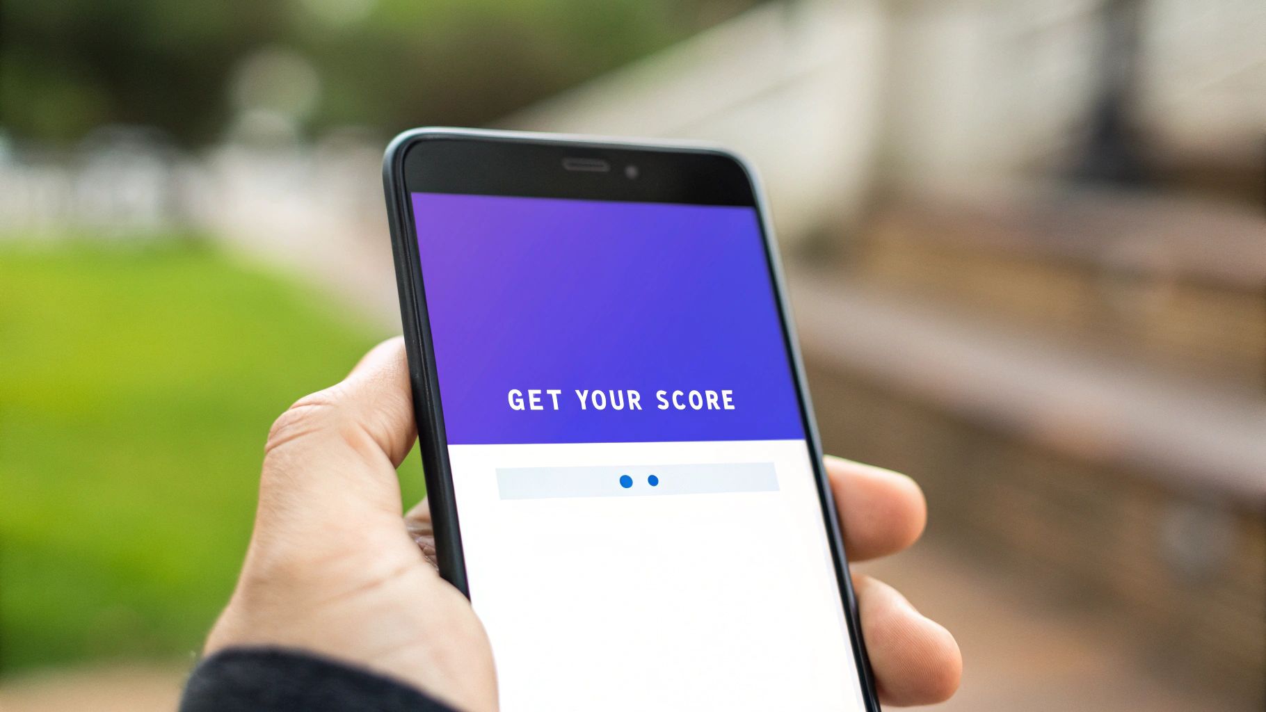 Person holding smartphone displaying get your score app with purple gradient background outdoors