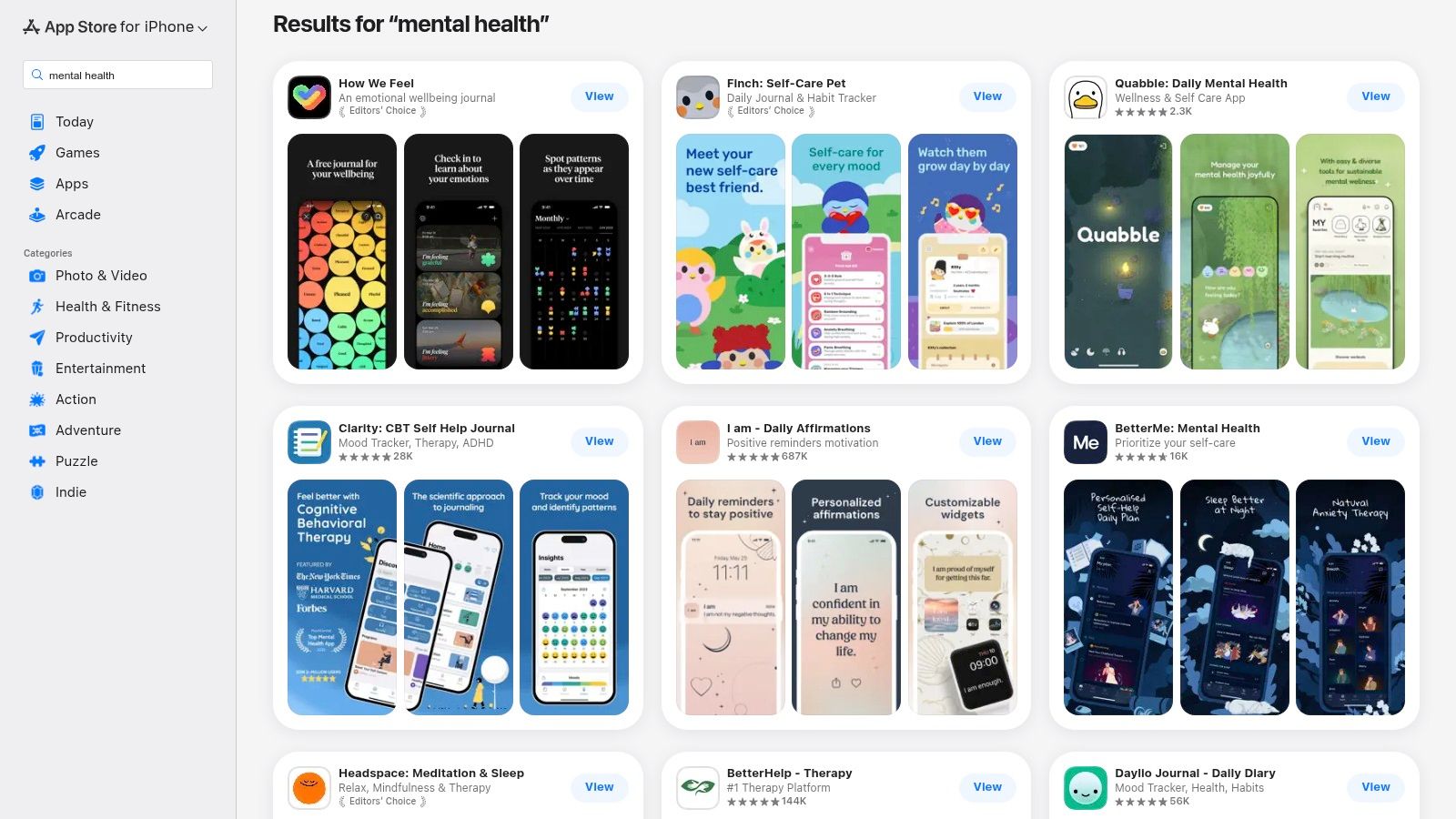 A user browsing mental health and mindfulness apps on the Apple App Store, showing apps like Calm and Headspace.
