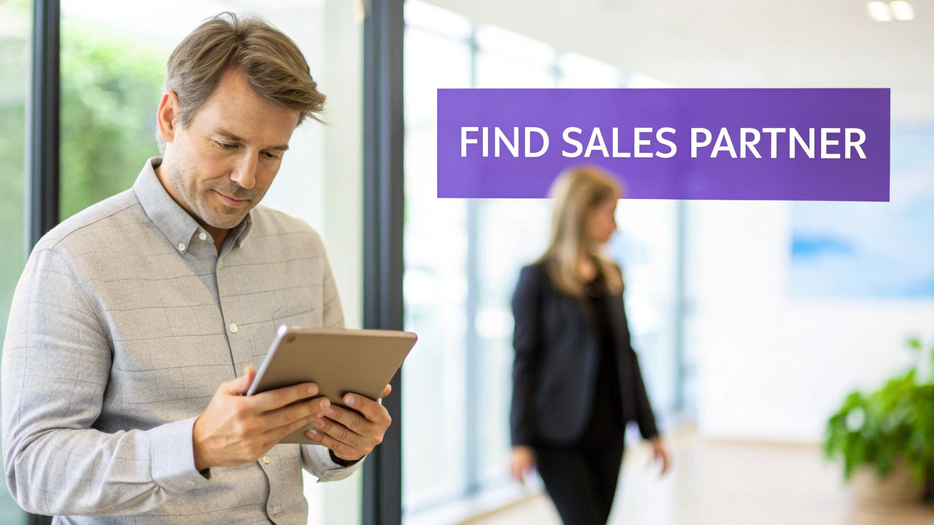 A man in a casual shirt looks at a tablet, with a blurred woman and a 'FIND SALES PARTNER' sign in the background.